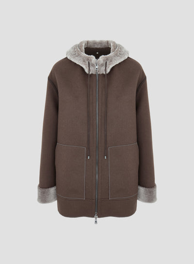 SHEEPSKIN AND VIRGIN WOOL DOUBLE HOODED COAT