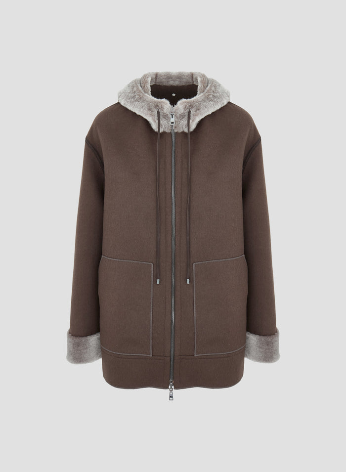 SHEEPSKIN AND VIRGIN WOOL DOUBLE HOODED COAT