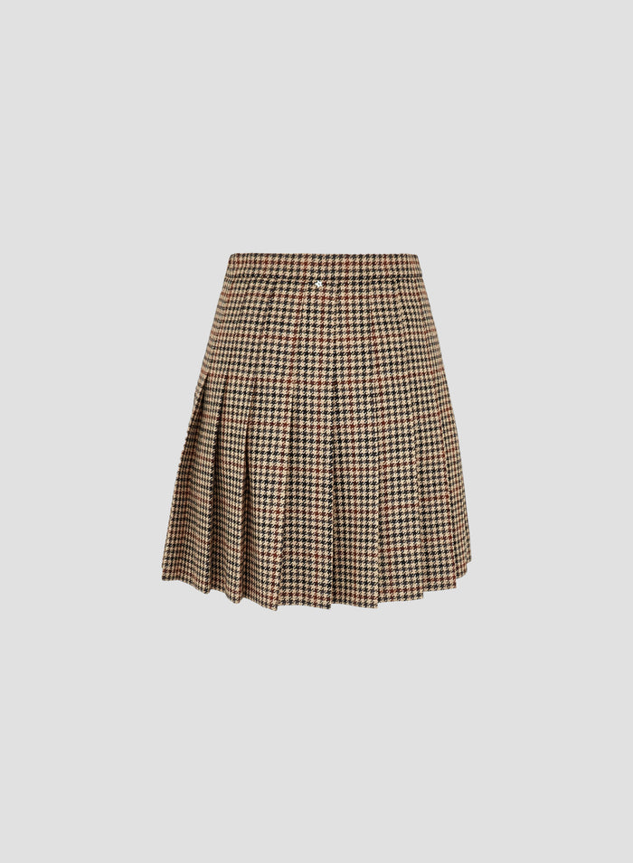 PIED-DE-POULE WOOL AND CASHMERE PLEATED SKIRT