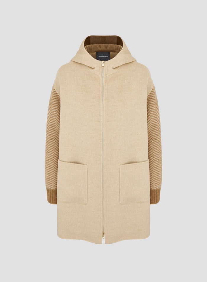 WOOL AND ANGORA DOUBLE HOODED COAT WITH JACQUARD RESCA KNIT