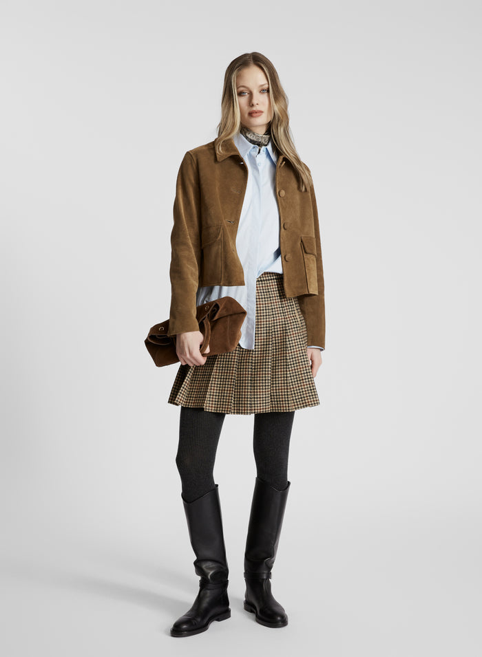PIED-DE-POULE WOOL AND CASHMERE PLEATED SKIRT
