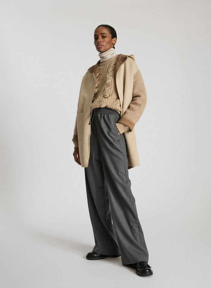 WOOL AND ANGORA DOUBLE HOODED COAT WITH JACQUARD RESCA KNIT