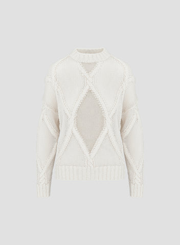 CABLE KNIT CREW-NECK SWEATER WITH DIAMOND PATTERN