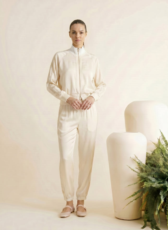 SILK BLEND TWILL BOMBER JACKET WITH MESH AND MICRO SEQUIN DETAILS