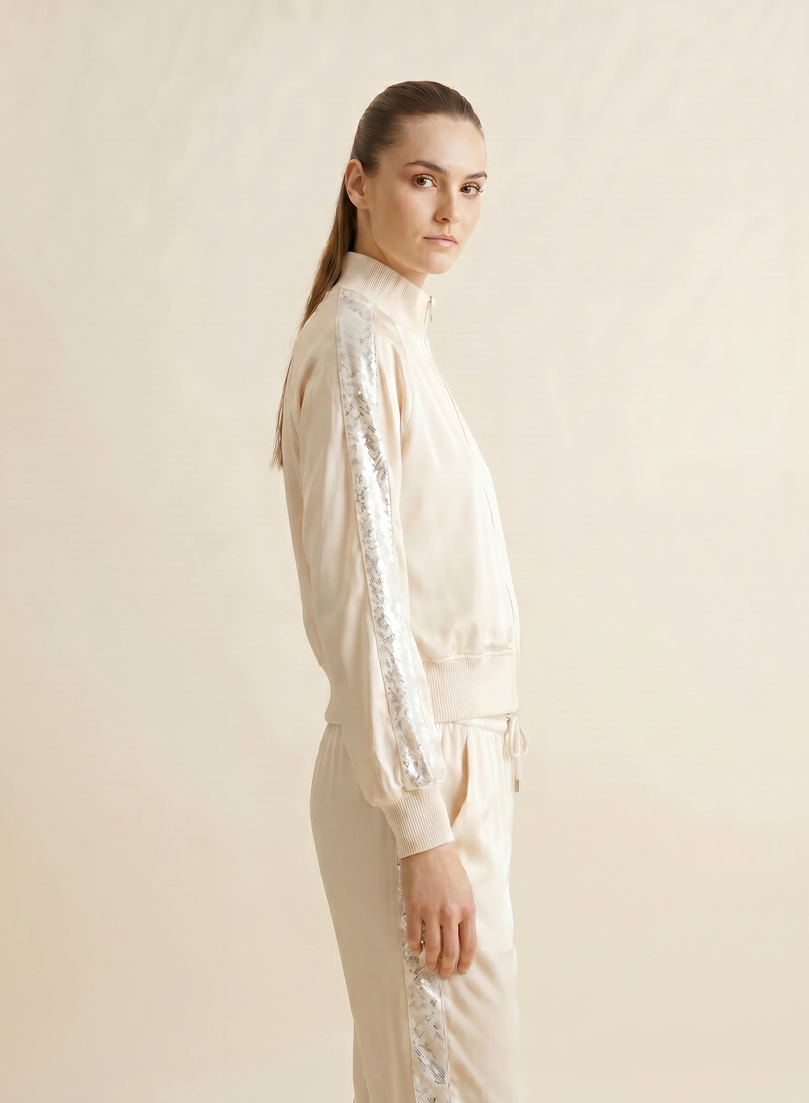 SILK BLEND TWILL BOMBER JACKET WITH MESH AND MICRO SEQUIN DETAILS