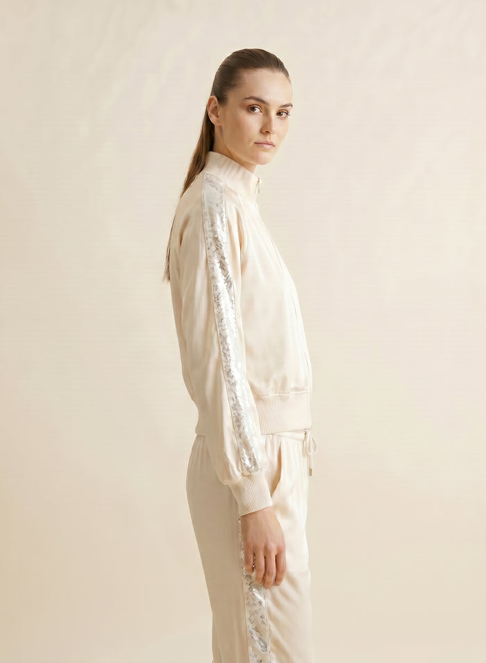 SILK BLEND TWILL BOMBER JACKET WITH MESH AND MICRO SEQUIN DETAILS