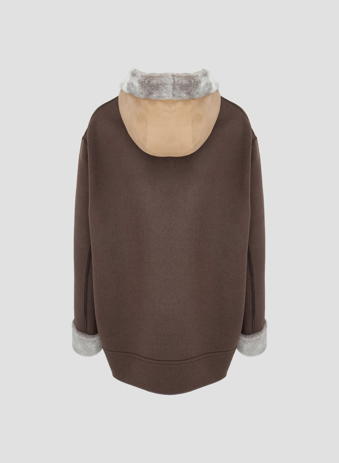 SHEEPSKIN AND VIRGIN WOOL DOUBLE HOODED COAT 