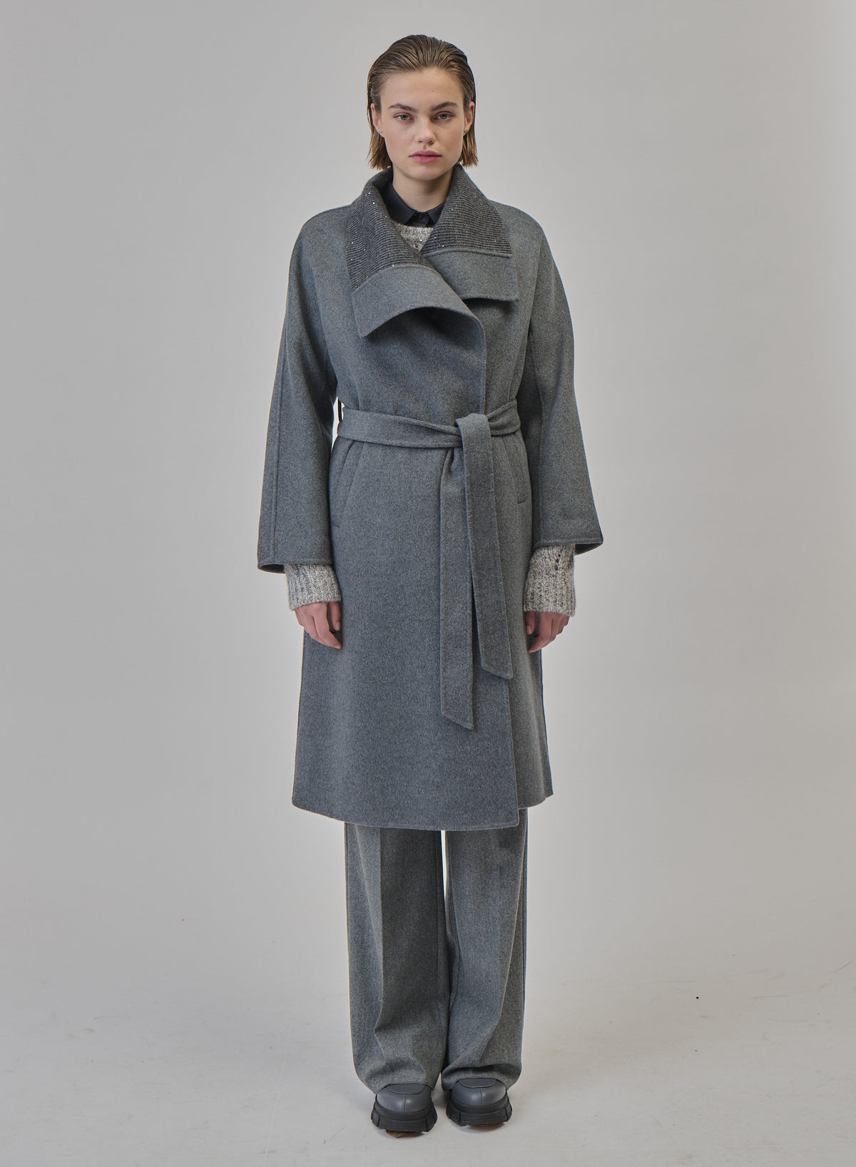 CAPPOTTO LUNGO A VESTAGLIA IN DOUBLE DI LANA E ANGORA