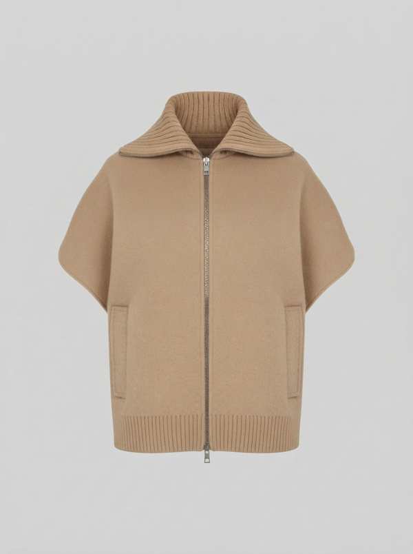 GILET IN DOUBLE DI LANA E ANGORA CON COLLO IN MAGLIA