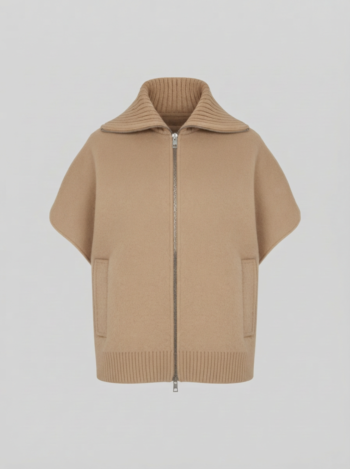 GILET IN DOUBLE DI LANA E ANGORA CON COLLO IN MAGLIA