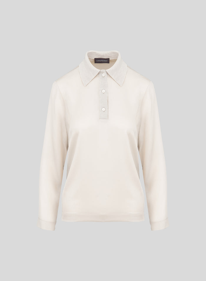 SILK BLEND TWILL POLO COLLAR BLOUSE