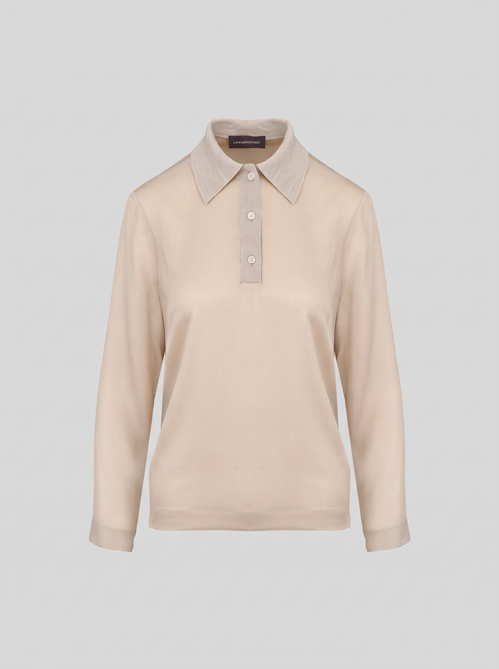 BLUSA CON COLLETTO POLO IN TWILL DI MISTO SETA