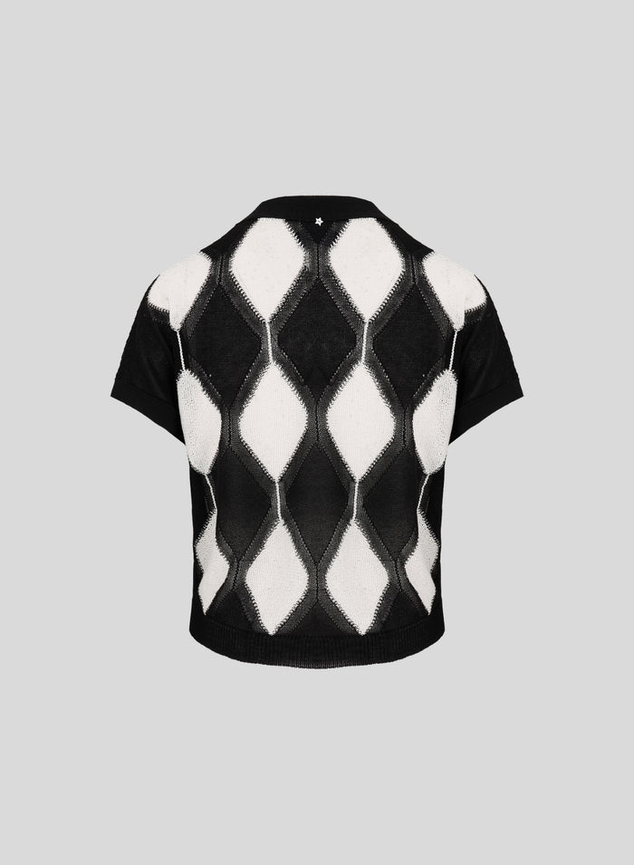 TWO-TONE DIAMOND-PATTERN COTTON CARDIGAN