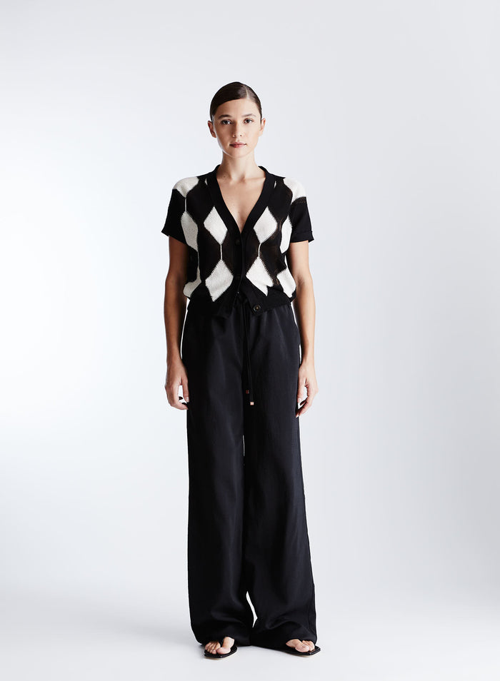 TWO-TONE DIAMOND-PATTERN COTTON CARDIGAN