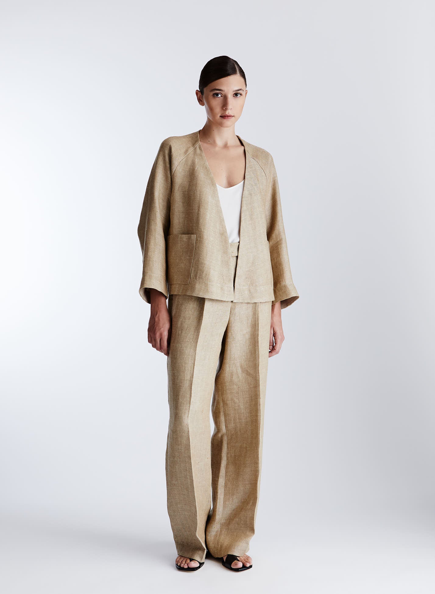 LINEN HERRINGBONE JACKET WITH ASYMMETRIC CLOSURE
