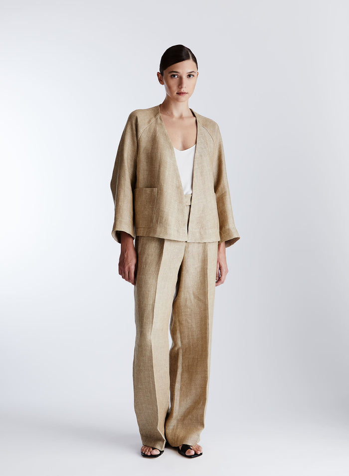 LINEN HERRINGBONE JACKET WITH ASYMMETRIC CLOSURE