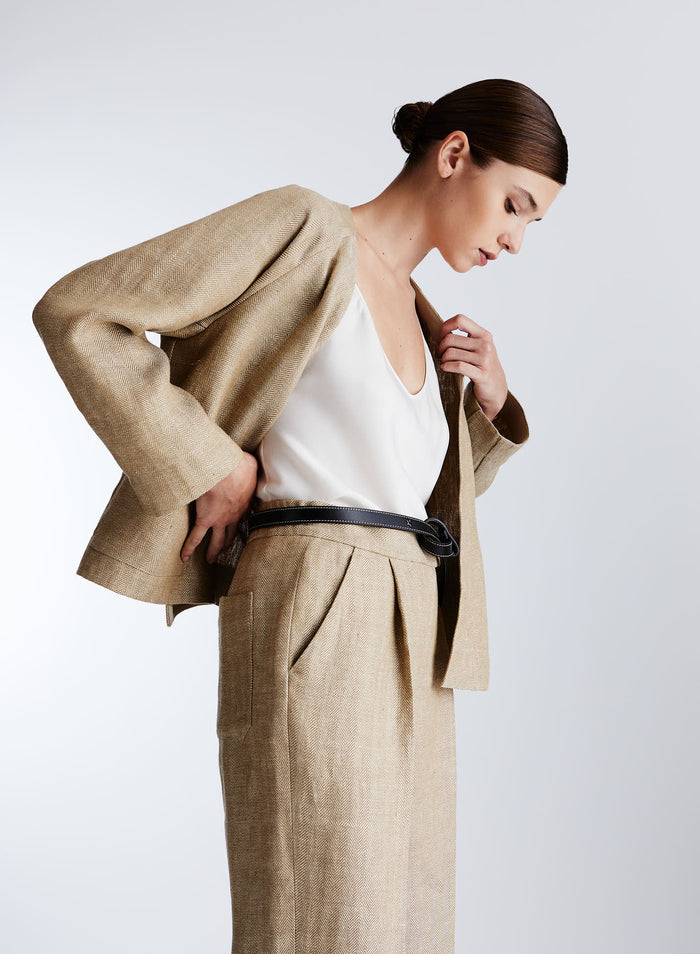 LINEN HERRINGBONE JACKET WITH ASYMMETRIC CLOSURE