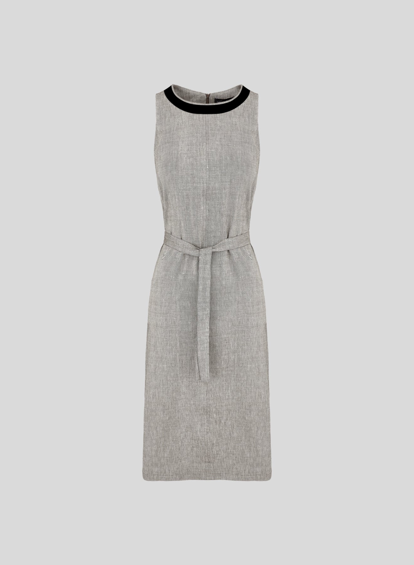 LONGUETTE DRESS WITH CONTRAST ROUND NECK IN LINEN AND VISCOSE BLEND