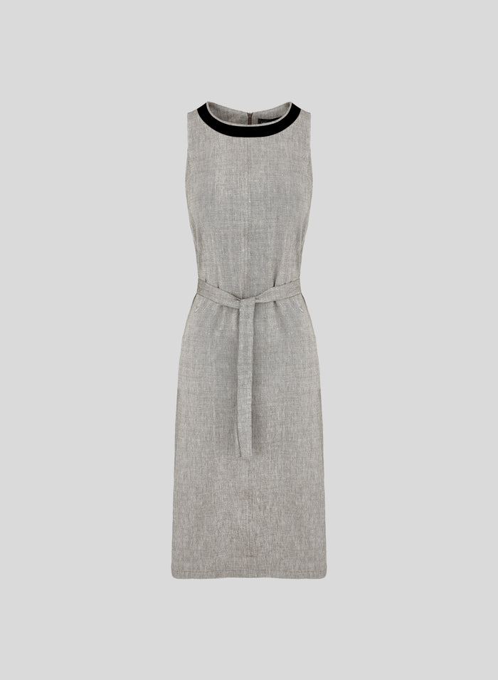 LONGUETTE DRESS WITH CONTRAST ROUND NECK IN LINEN AND VISCOSE BLEND