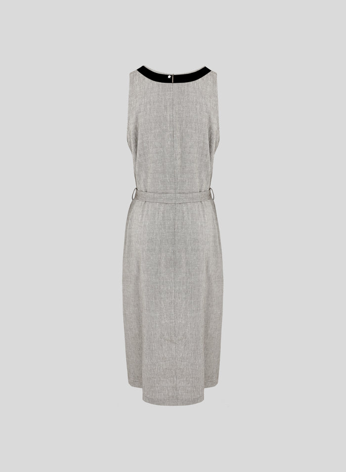 LONGUETTE DRESS WITH CONTRAST ROUND NECK IN LINEN AND VISCOSE BLEND
