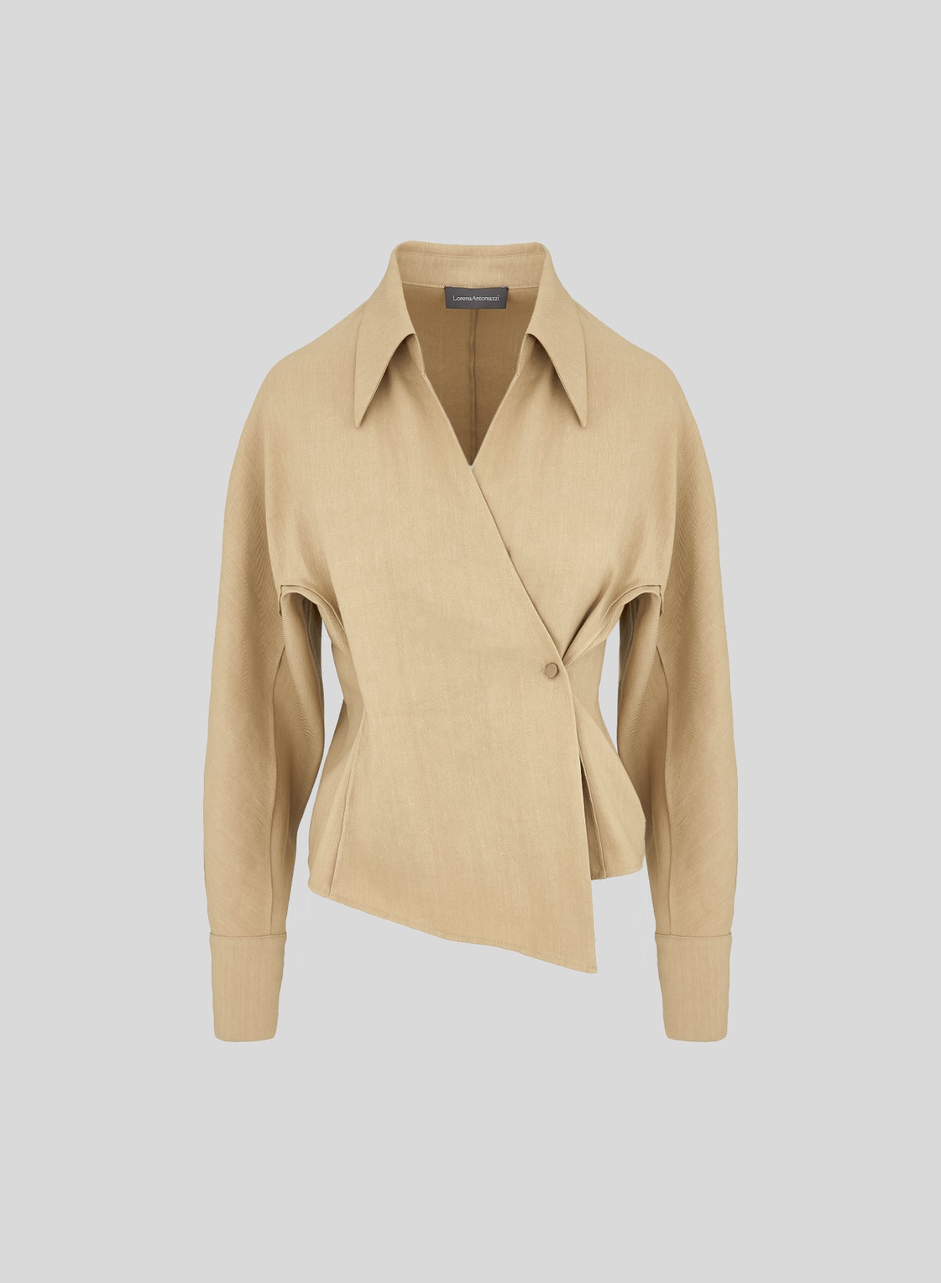 STRETCH LINEN BLEND WRAP SHIRT
