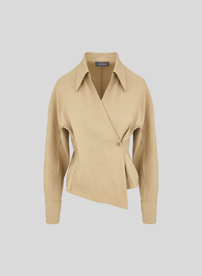 STRETCH LINEN BLEND WRAP SHIRT