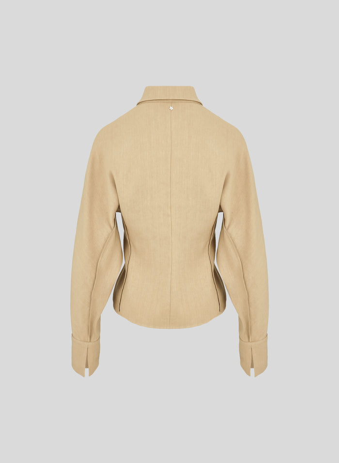 STRETCH LINEN BLEND WRAP SHIRT