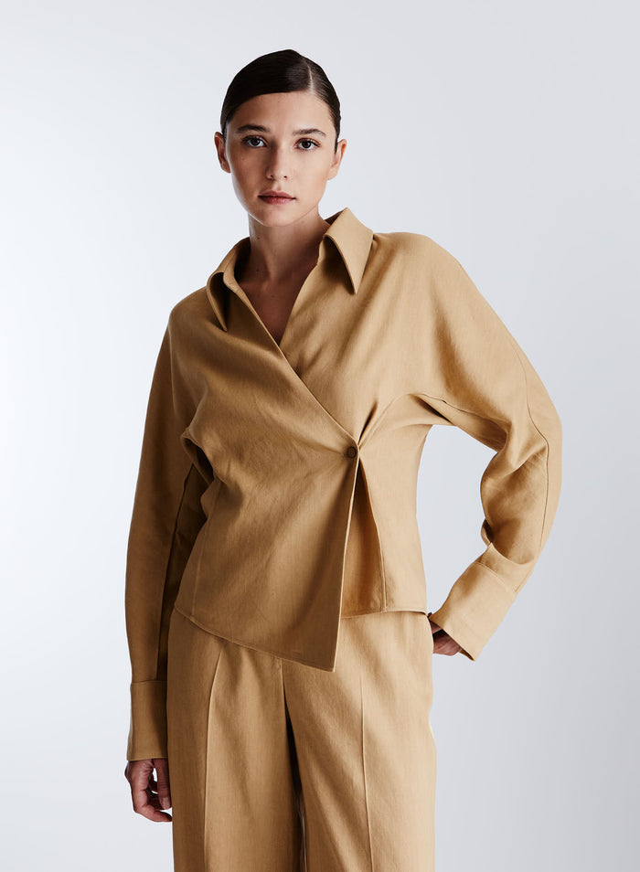 STRETCH LINEN BLEND WRAP SHIRT