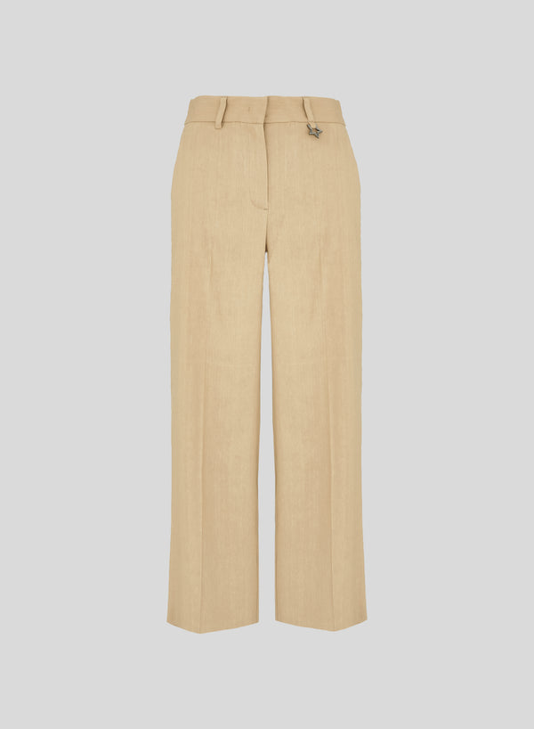 PANTALONI SARTORIALI IN LINO E VISCOSA STRETCH CON DETTAGLI IN RAMIE