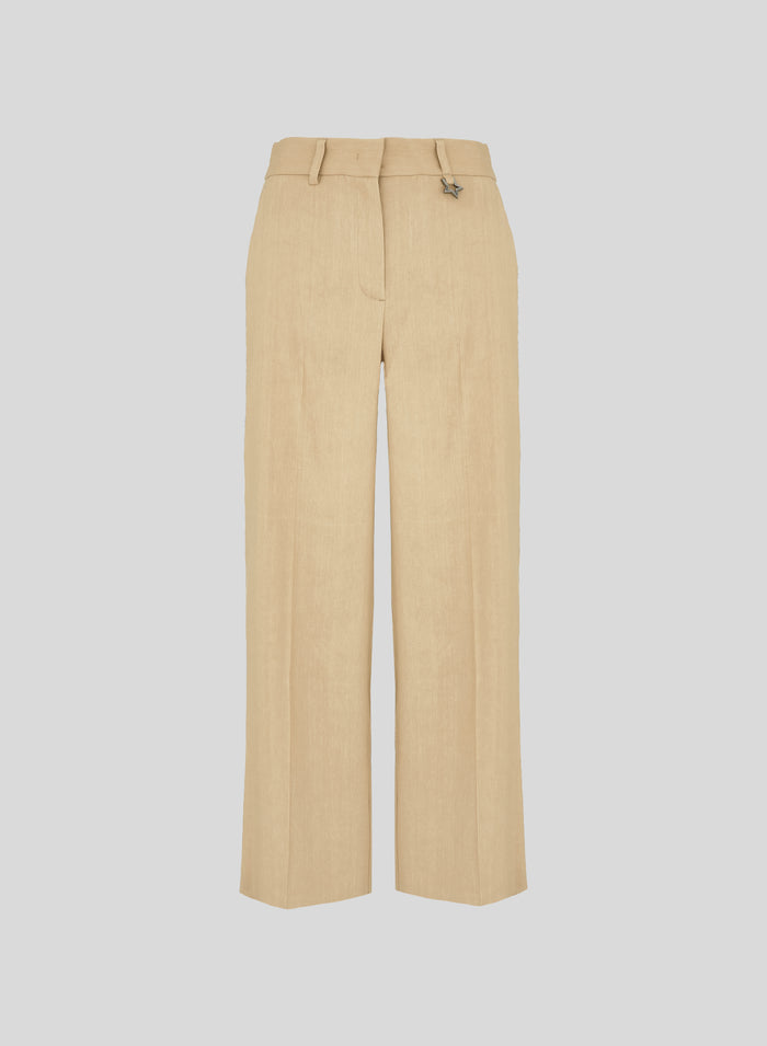 PANTALONI SARTORIALI IN LINO E VISCOSA STRETCH CON DETTAGLI IN RAMIE