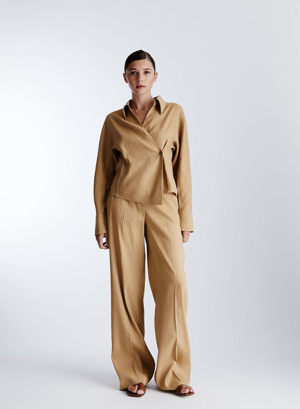 PANTALONI SARTORIALI IN LINO E VISCOSA STRETCH CON DETTAGLI IN RAMIE