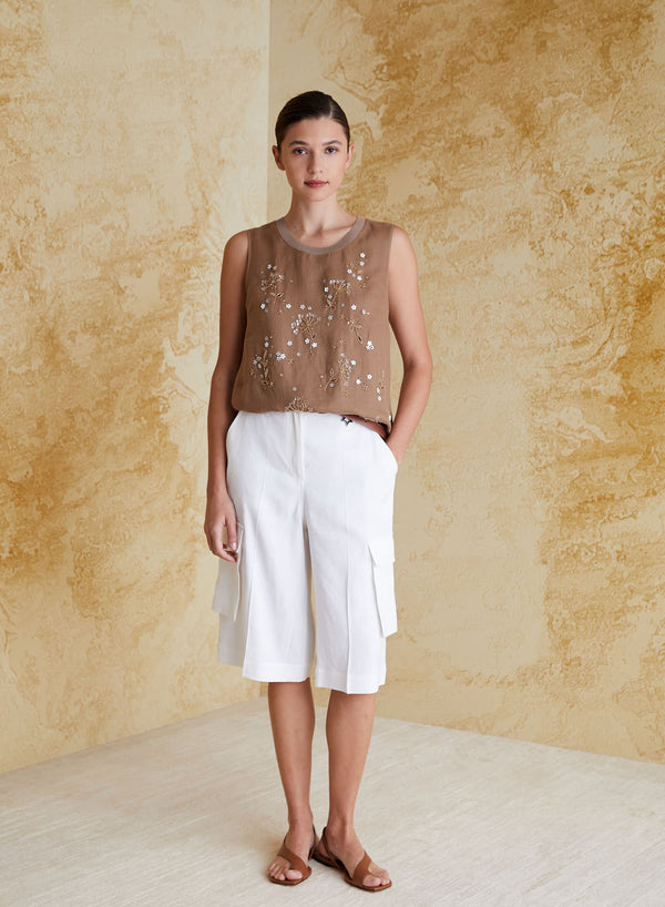 STRETCH LINEN AND VISCOSE CARGO SHORTS