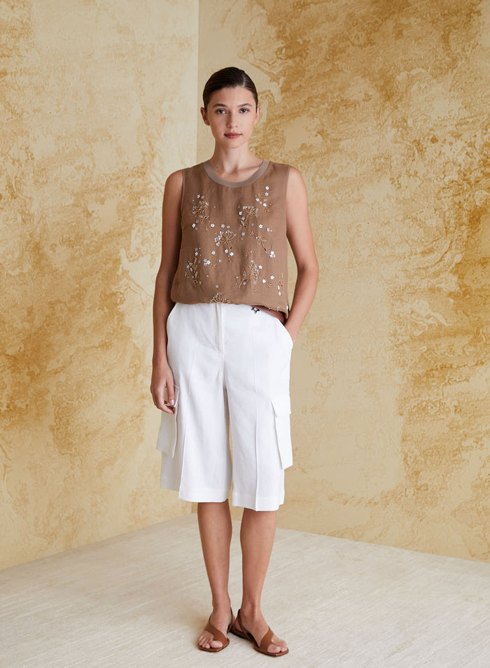 STRETCH LINEN AND VISCOSE CARGO SHORTS