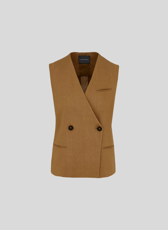 DOUBLE-BREASTED LINEN AND VISCOSE VEST WITH RAMIE DETAILS