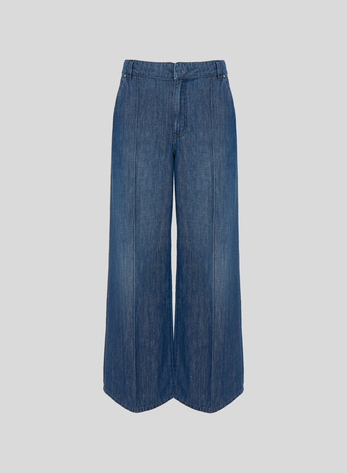 COTTON AND LINEN DENIM WIDE-LEG PANTS