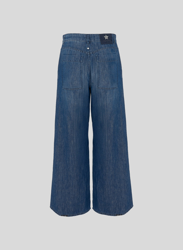 COTTON AND LINEN DENIM WIDE-LEG PANTS