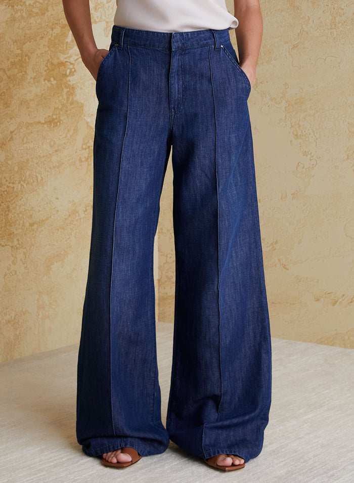 COTTON AND LINEN DENIM WIDE-LEG PANTS