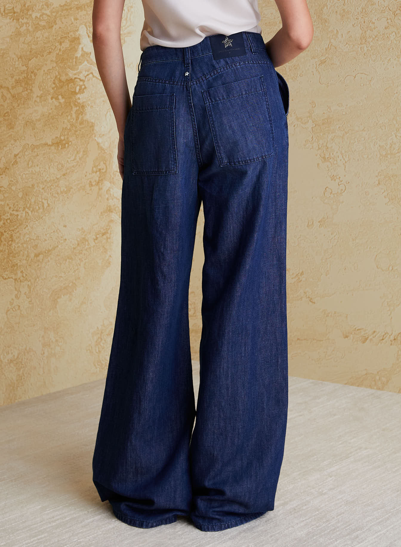 COTTON AND LINEN DENIM WIDE-LEG PANTS