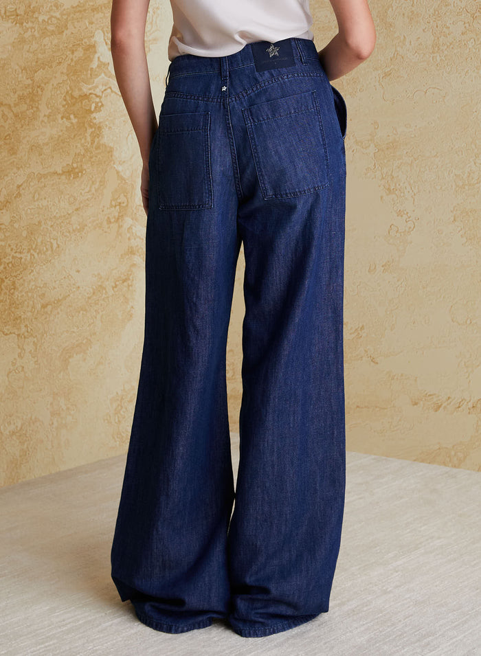 COTTON AND LINEN DENIM WIDE-LEG PANTS