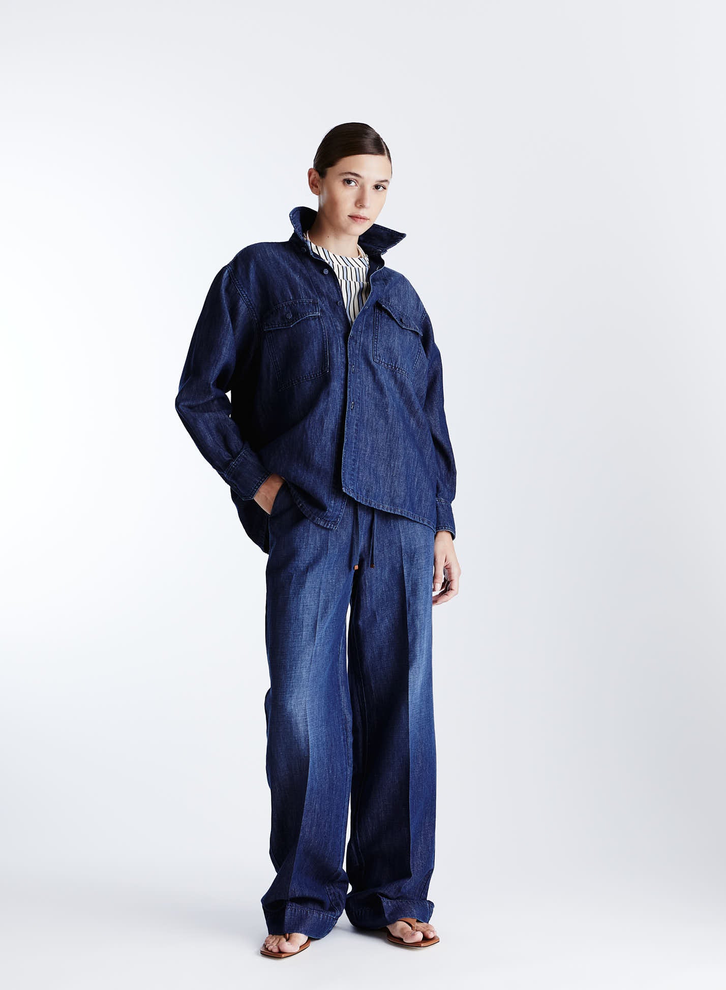 COTTON AND LINEN DENIM WIDE-LEG PANTS