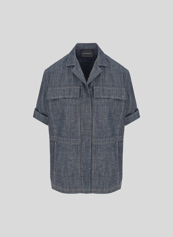 DENIM-EFFECT COTTON CHAMBRAY SAHARIAN JACKET
