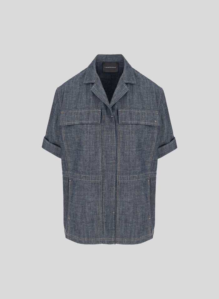 DENIM-EFFECT COTTON CHAMBRAY SAHARIAN JACKET