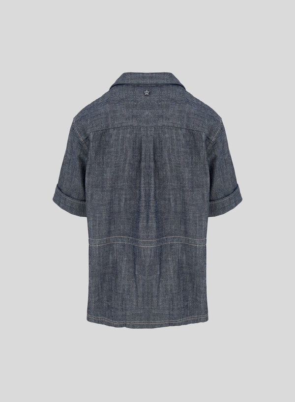 DENIM-EFFECT COTTON CHAMBRAY SAHARIAN JACKET