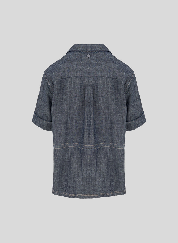DENIM-EFFECT COTTON CHAMBRAY SAHARIAN JACKET