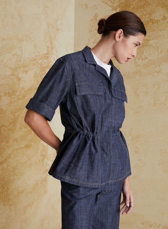 DENIM-EFFECT COTTON CHAMBRAY SAHARIAN JACKET