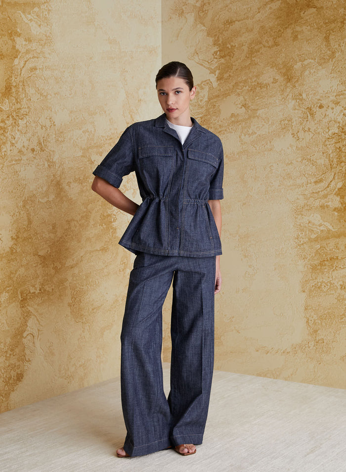 DENIM-EFFECT COTTON CHAMBRAY SAHARIAN JACKET