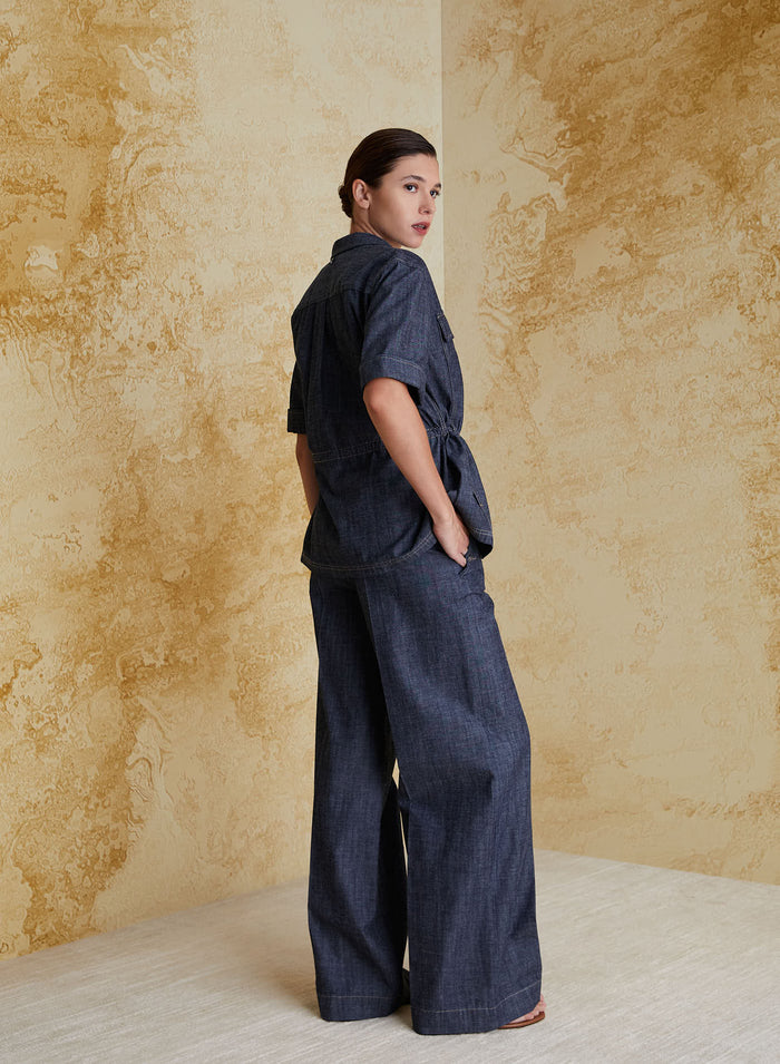 DENIM-EFFECT COTTON CHAMBRAY SAHARIAN JACKET