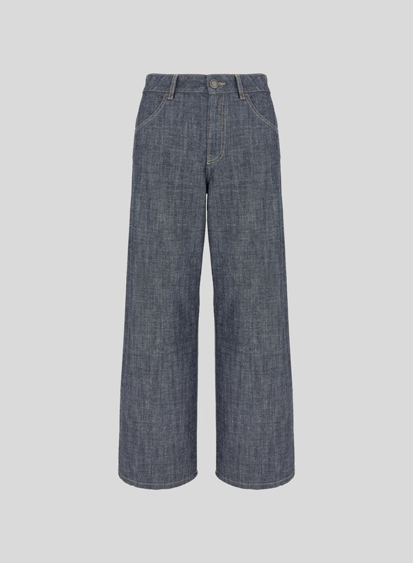WIDE-LEG CHAMBRAY COTTON DENIM-EFFECT PANTS