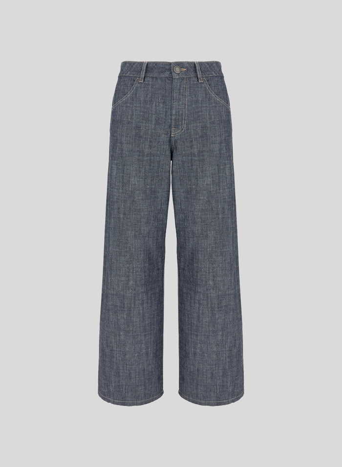WIDE-LEG CHAMBRAY COTTON DENIM-EFFECT PANTS