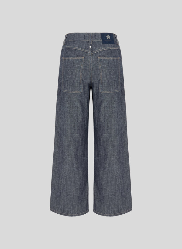 WIDE-LEG CHAMBRAY COTTON DENIM-EFFECT PANTS